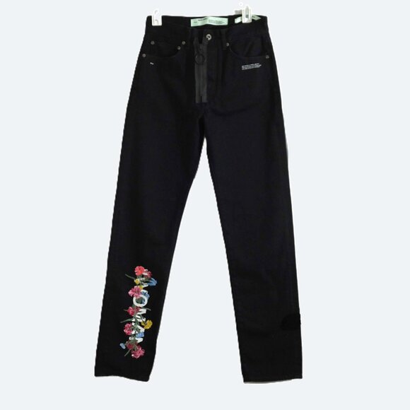 COPY - OFF-WHITE Black embroidered Flowers women Baggy Jeans size 26 - Picture 1 of 14